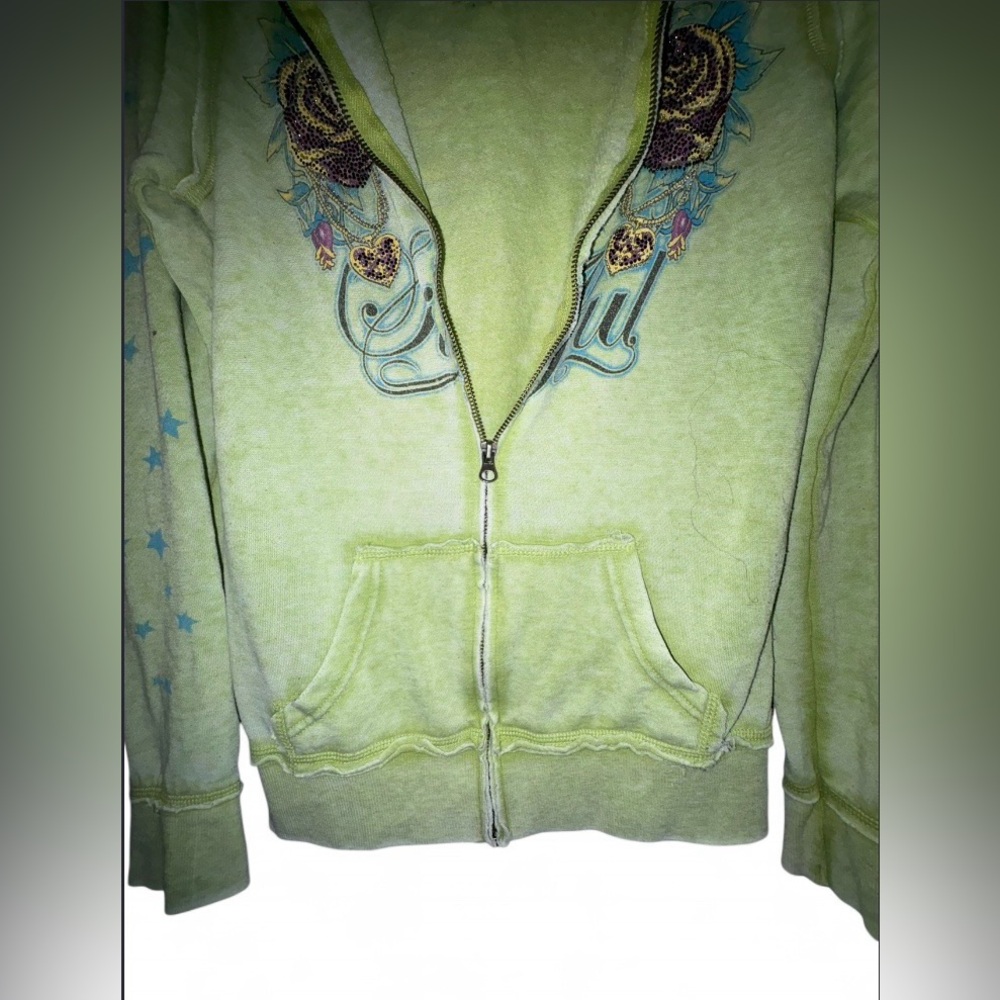 Affliction Sinful Y2K Lime Green Rhinestone Graphic Zip-Up Hoodie - Size Medium - Picture 6 of 7